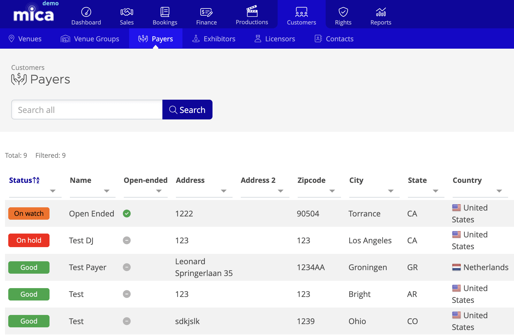 Payers list page showing the Status column with colour-coded Good and On Hold badges