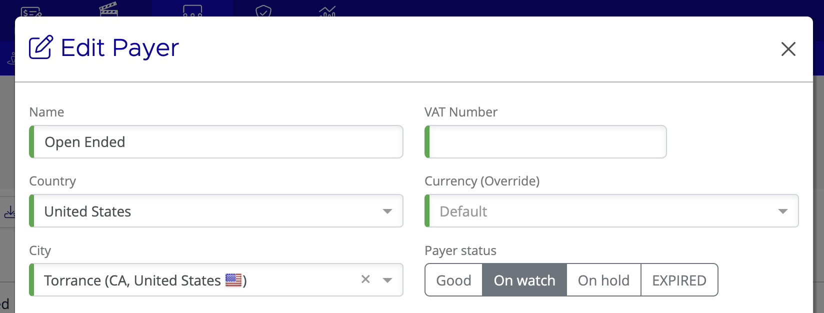 Edit Payer dialog with Payer status toggle showing Good, On Watch, On Hold, and Expired options