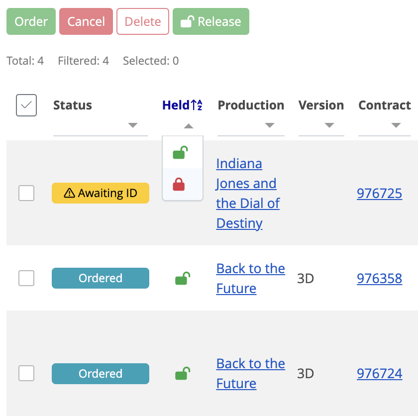 Shippings page showing the Held column with padlock icons and the Release button in the action bar