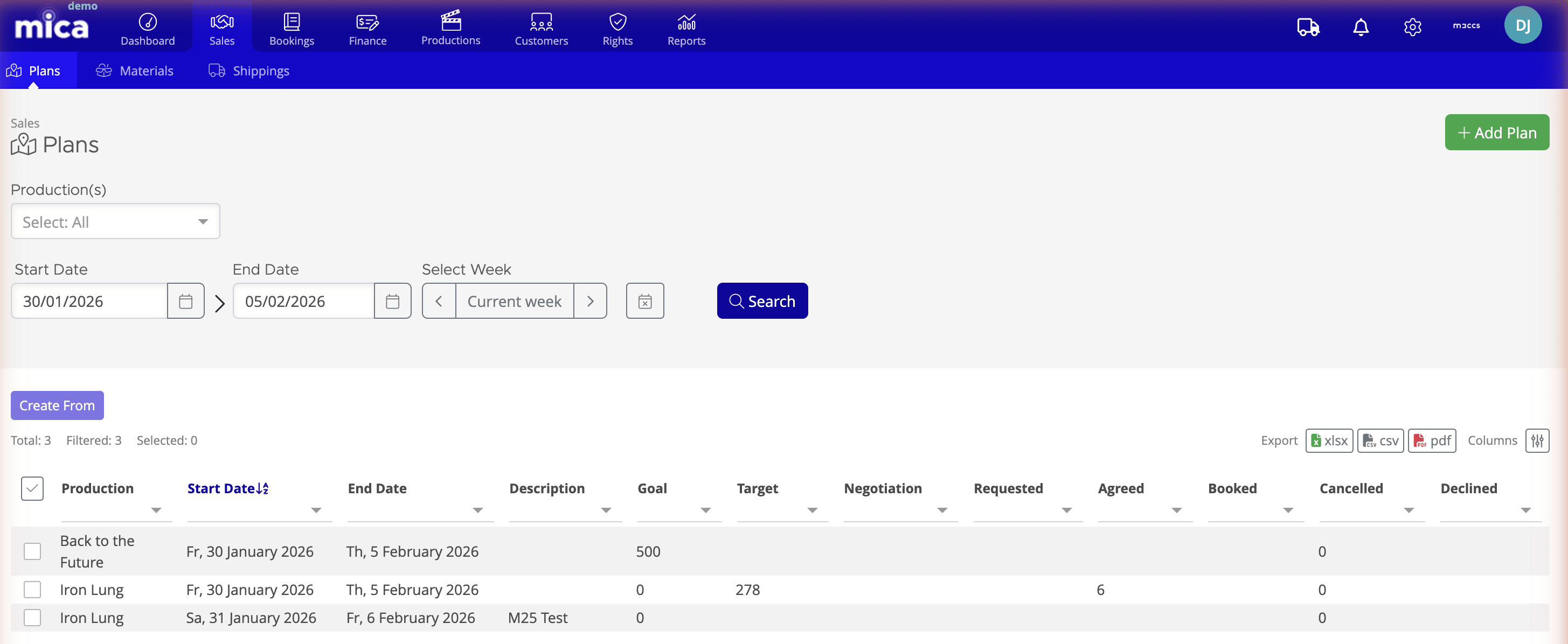 Plans list page showing active plans with venue status counts