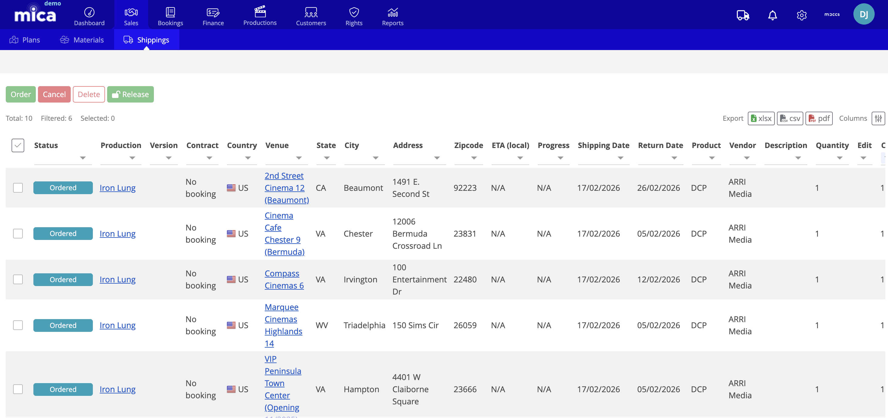 Shippings tab showing list of shipped orders with status, venues, versions, and delivery dates