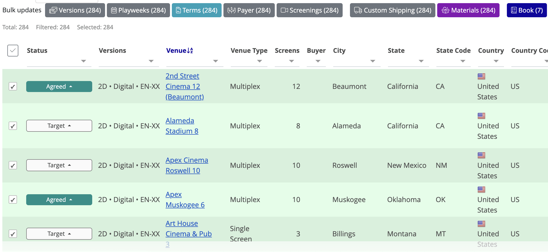 Plan detail page with venues selected and Book button highlighted in bulk action bar