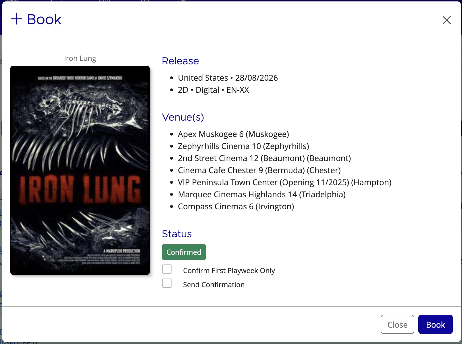 Booking confirmation dialog showing venues ready to be booked