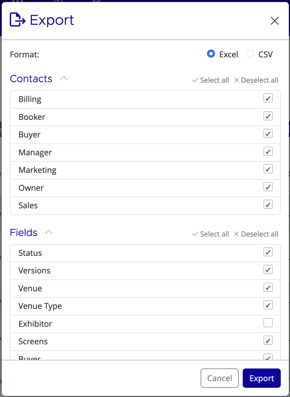 Export menu showing xlsx, csv, and pdf format options