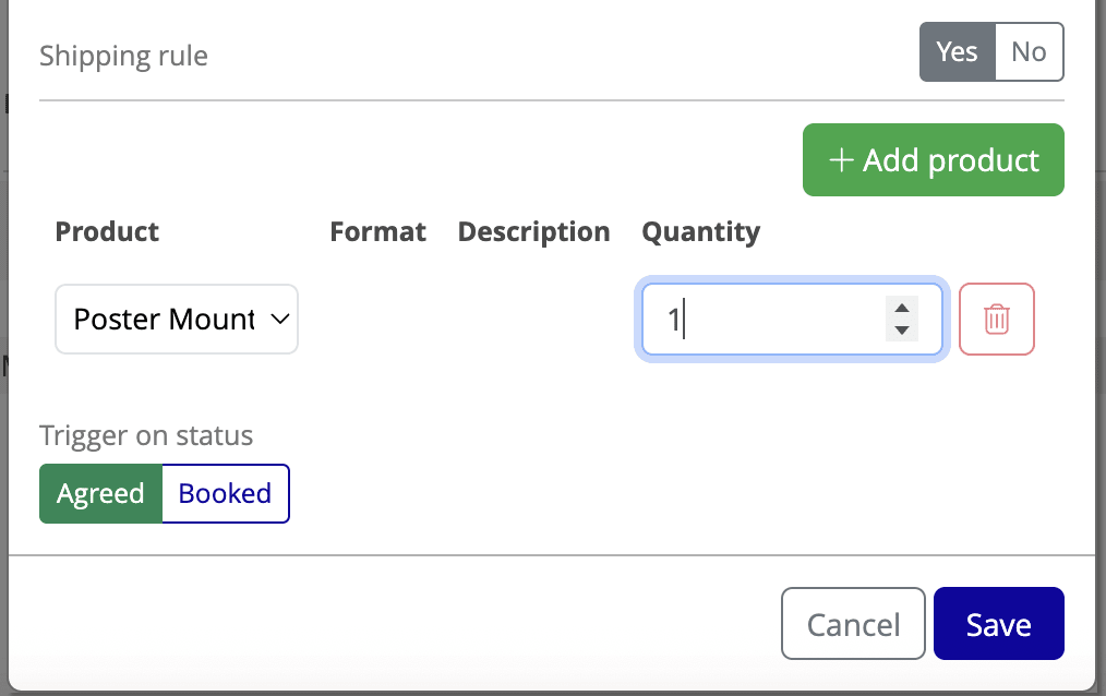 Shipping rule configuration expanded within Add Plan modal, showing Product type, Quantity, and Trigger status fields