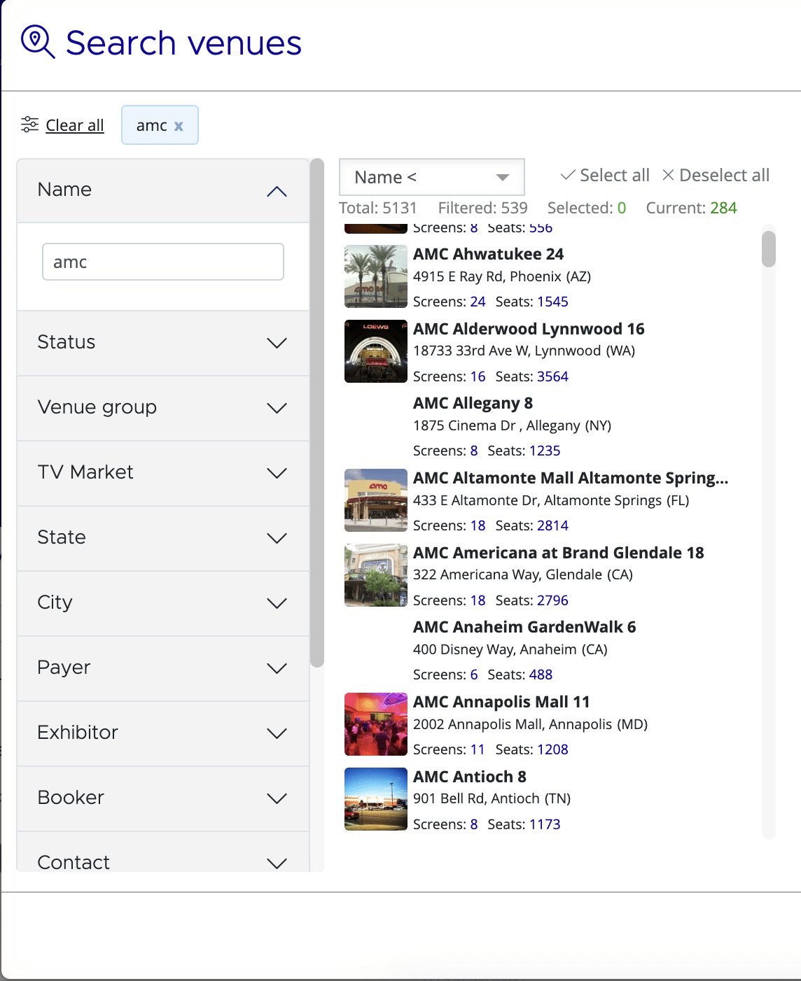 Search Venues modal showing filter panel on the left and venue list on the right
