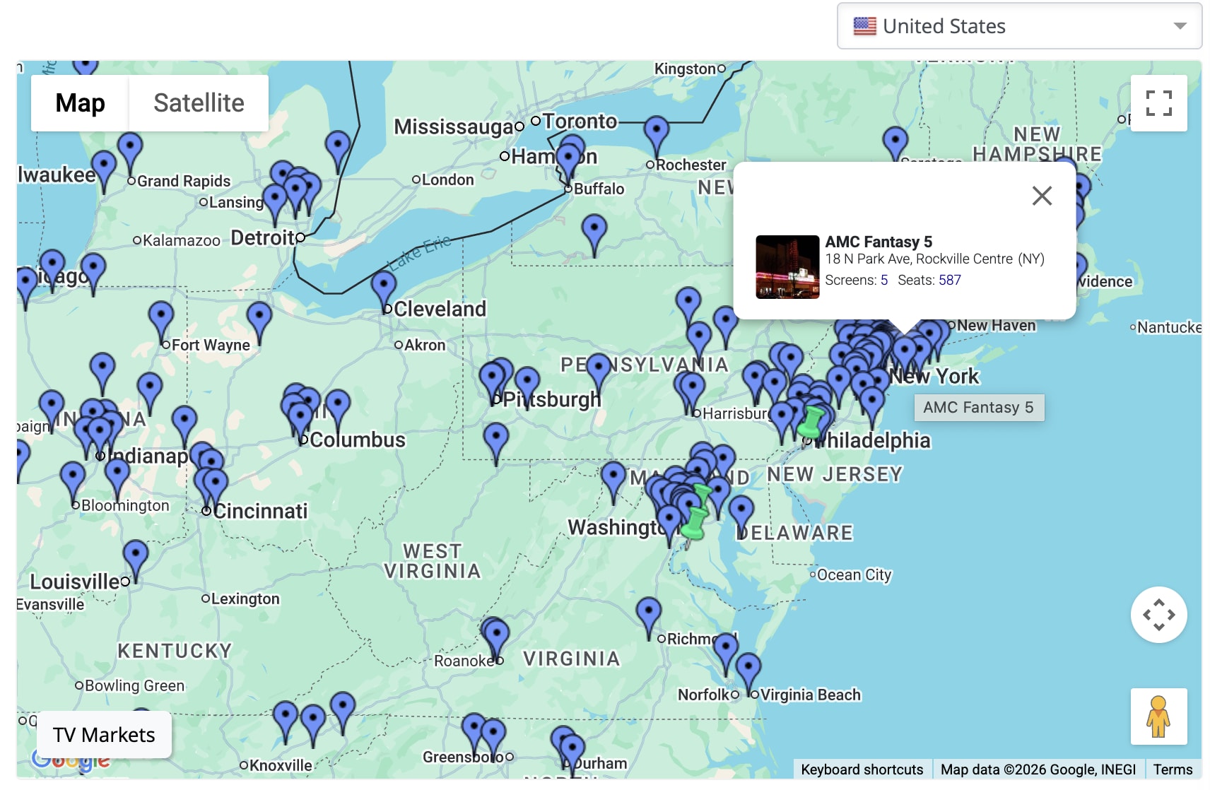 Map view of venues with colour-coded markers indicating status