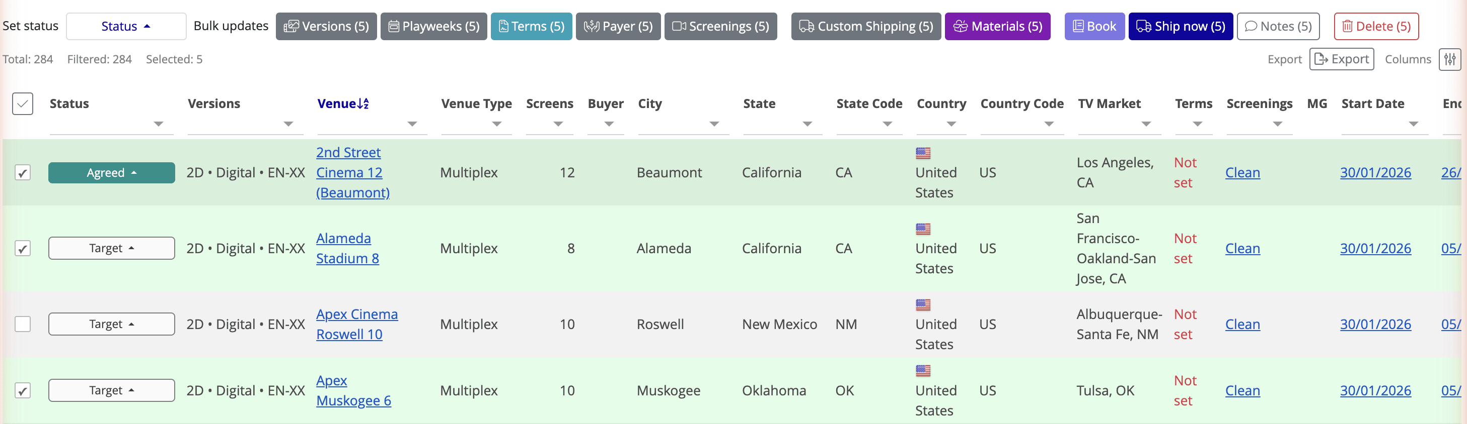 Venue list showing all columns and bulk action bar with venues selected