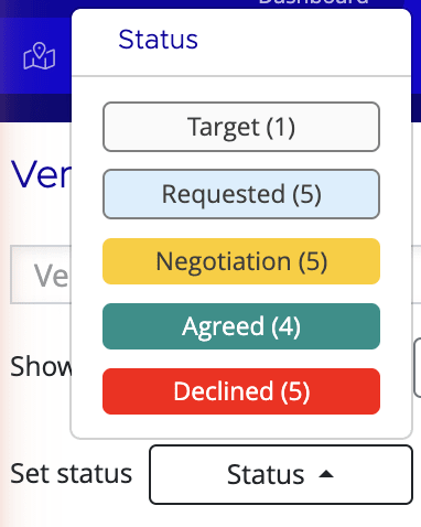 Set Status dropdown showing status options: Target, Negotiation, Requested, Agreed, Cancelled, Declined