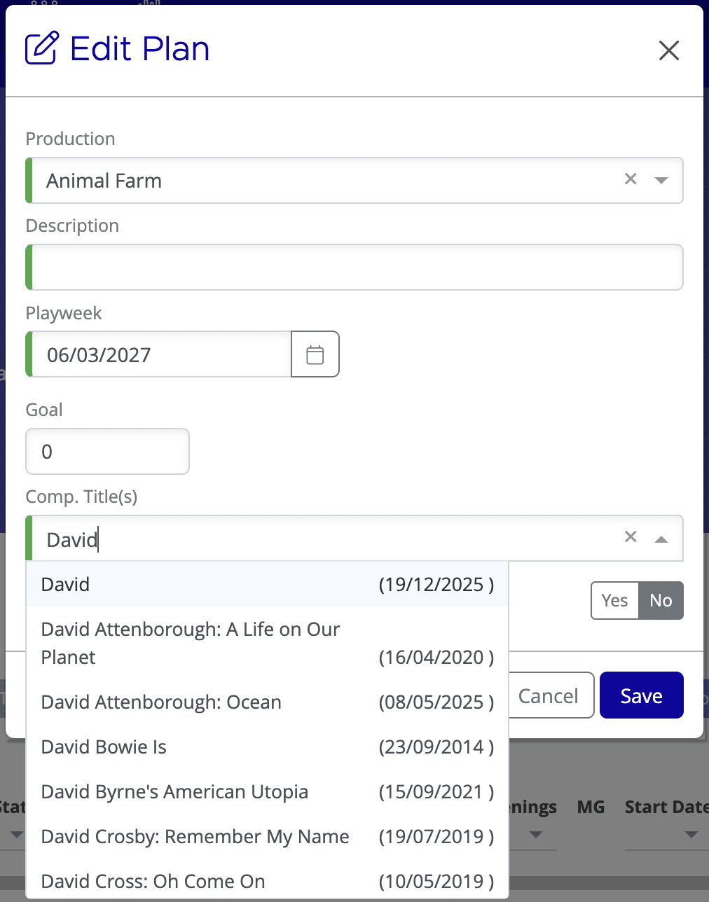 Comp. Title field in Edit Plan modal showing search box for competitive titles