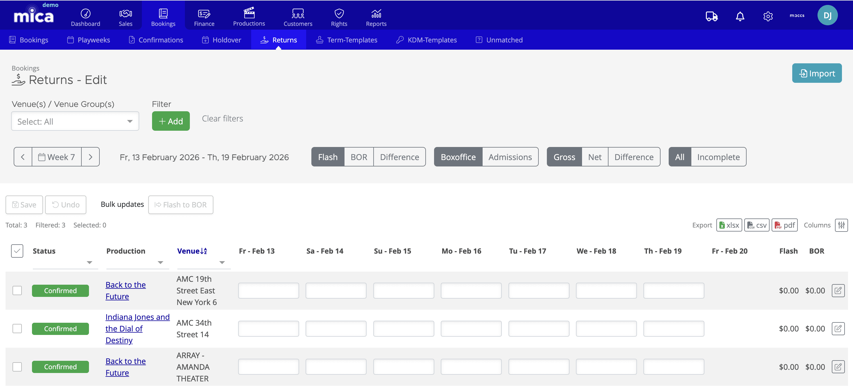 Returns page showing Flash/BOR toggles, week selector, and daily columns for multiple bookings