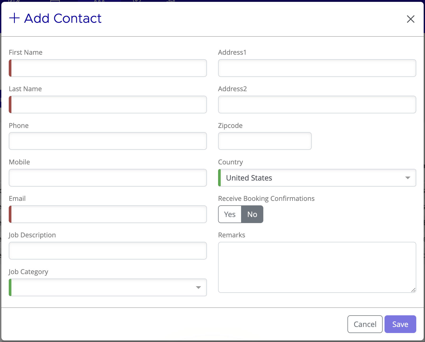 Add Contact form with fields for name, phone, email, job description, job category, address, country, booking confirmations, and remarks