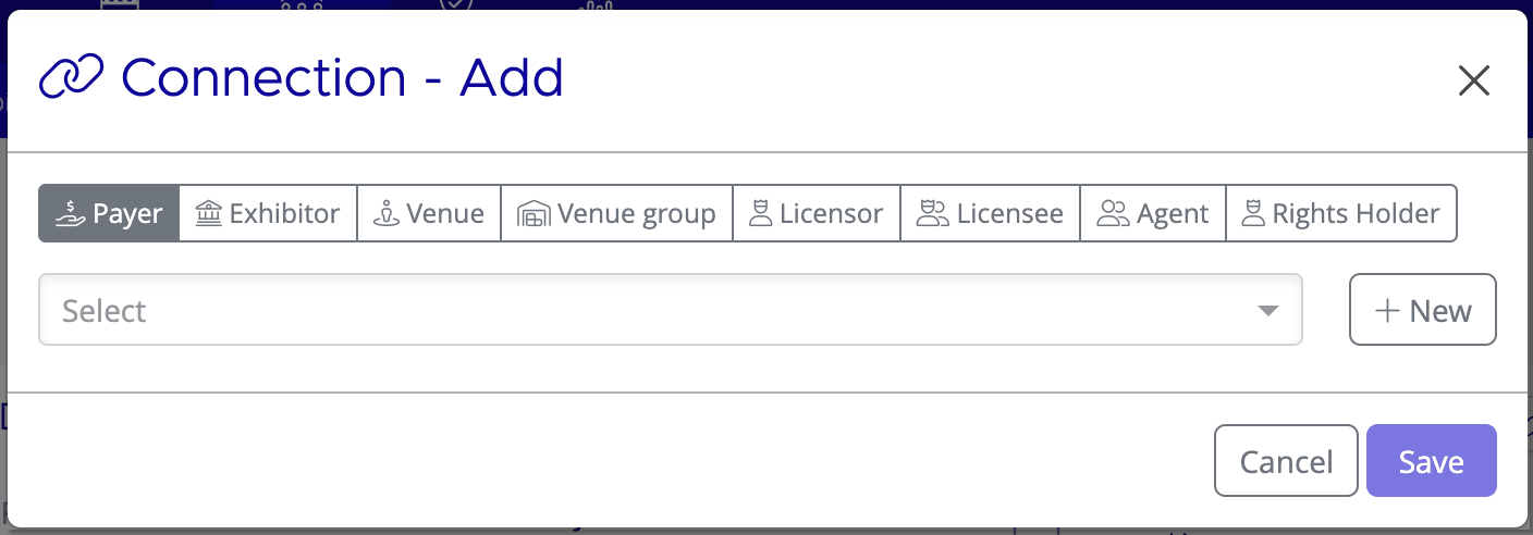 Connect dialog showing connection type radio buttons for Venue, Venue Group, Payer, Exhibitor, and other entity types with a search dropdown