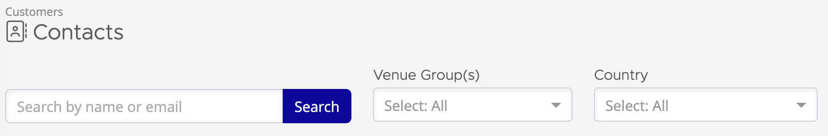 Contacts filter bar with Venue Group dropdown, Country dropdown, and search box