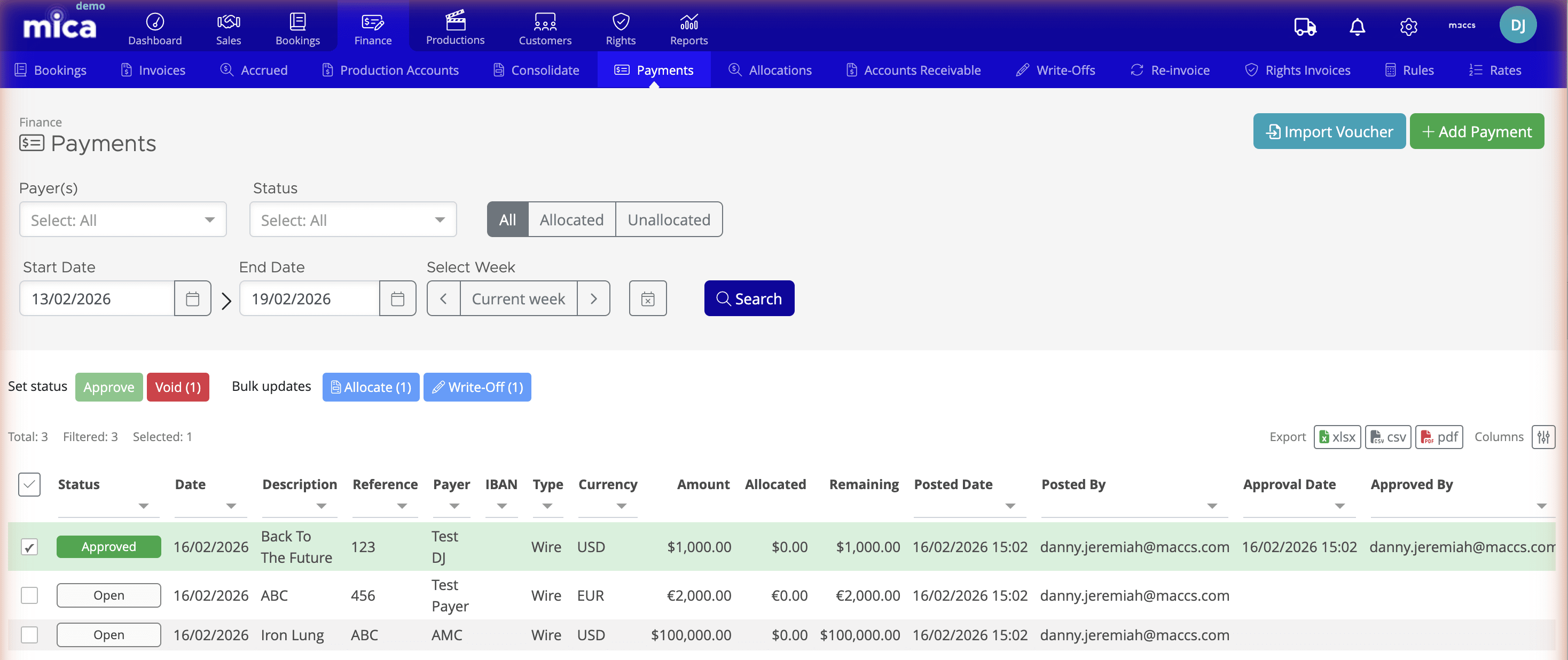 Payments page showing recorded payments with Payer, Status, and date range filters, plus Import Voucher and Add Payment buttons