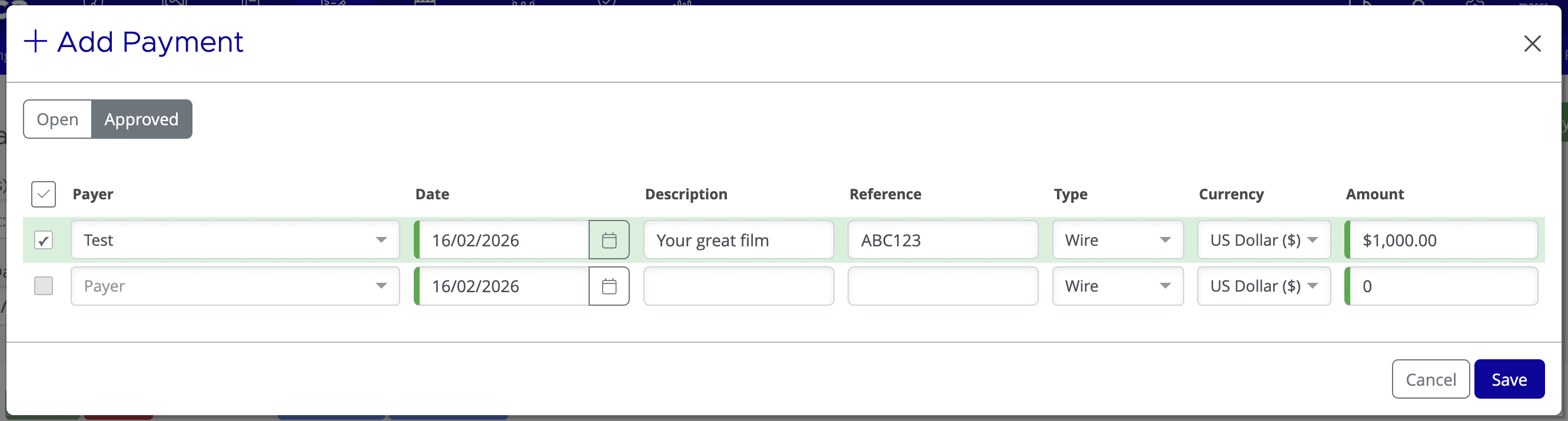 Add Payment modal showing Payer, Amount, Date, Reference, Type, and Posting Date fields