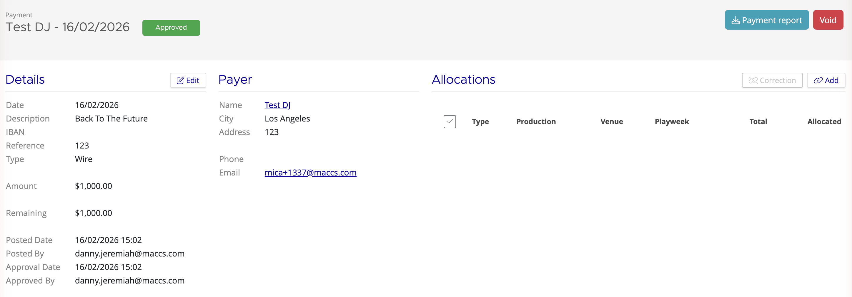 Payment Details page showing payment summary, allocation breakdown with Allocated, Written Off, Refunded, and Available amounts, and allocation table