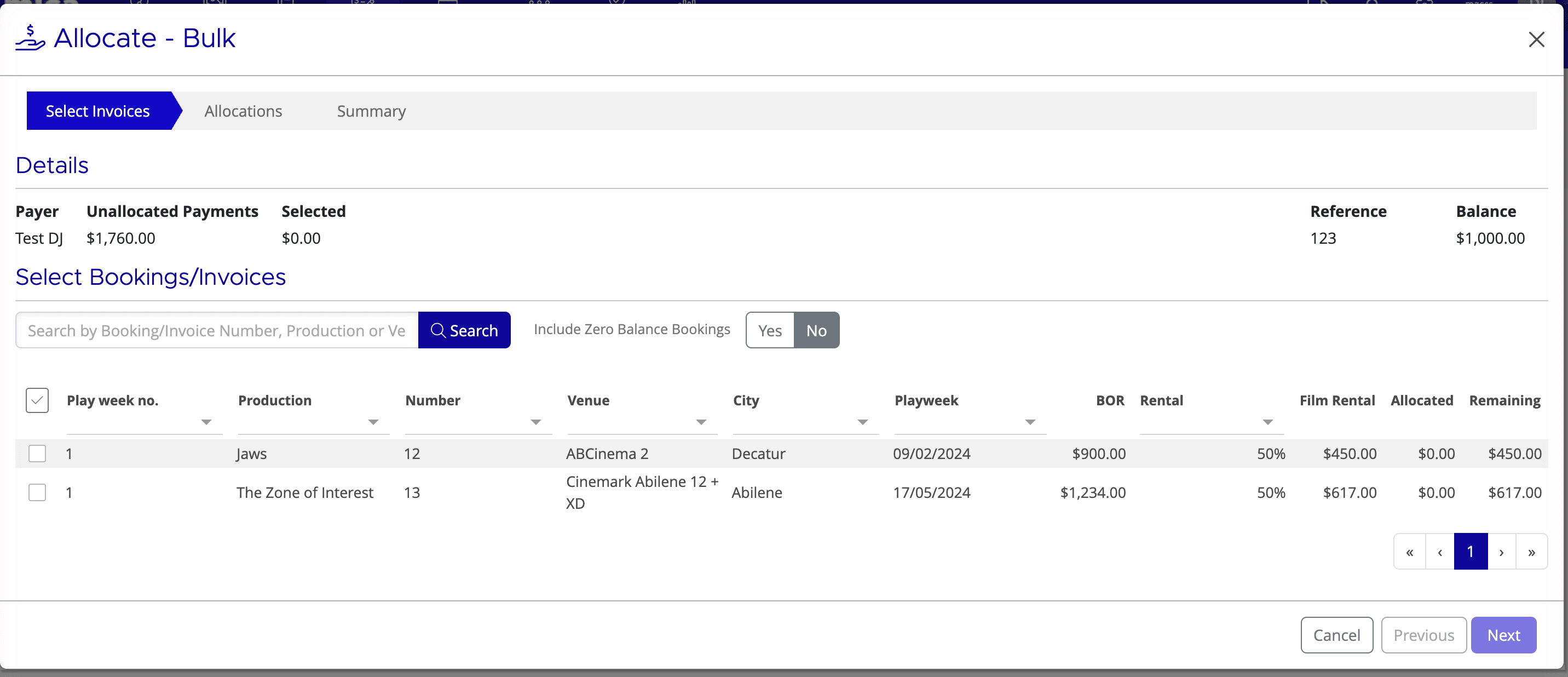 Add Allocation modal from Payment Details showing invoice list with checkboxes, Amount fields, and Approve button