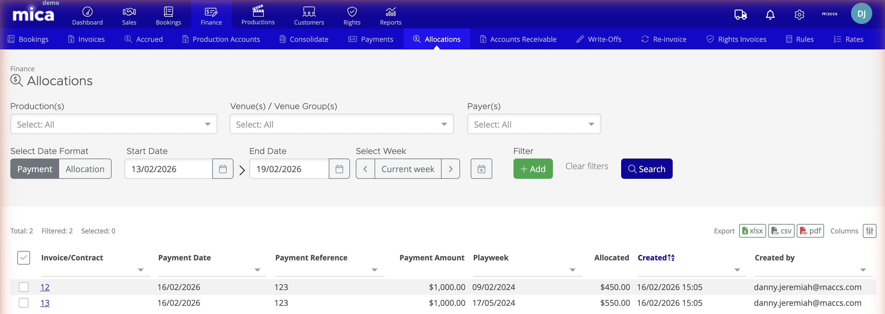 Finance Allocations tab showing Production, Venue, Payer, and date filters with allocation table and export options