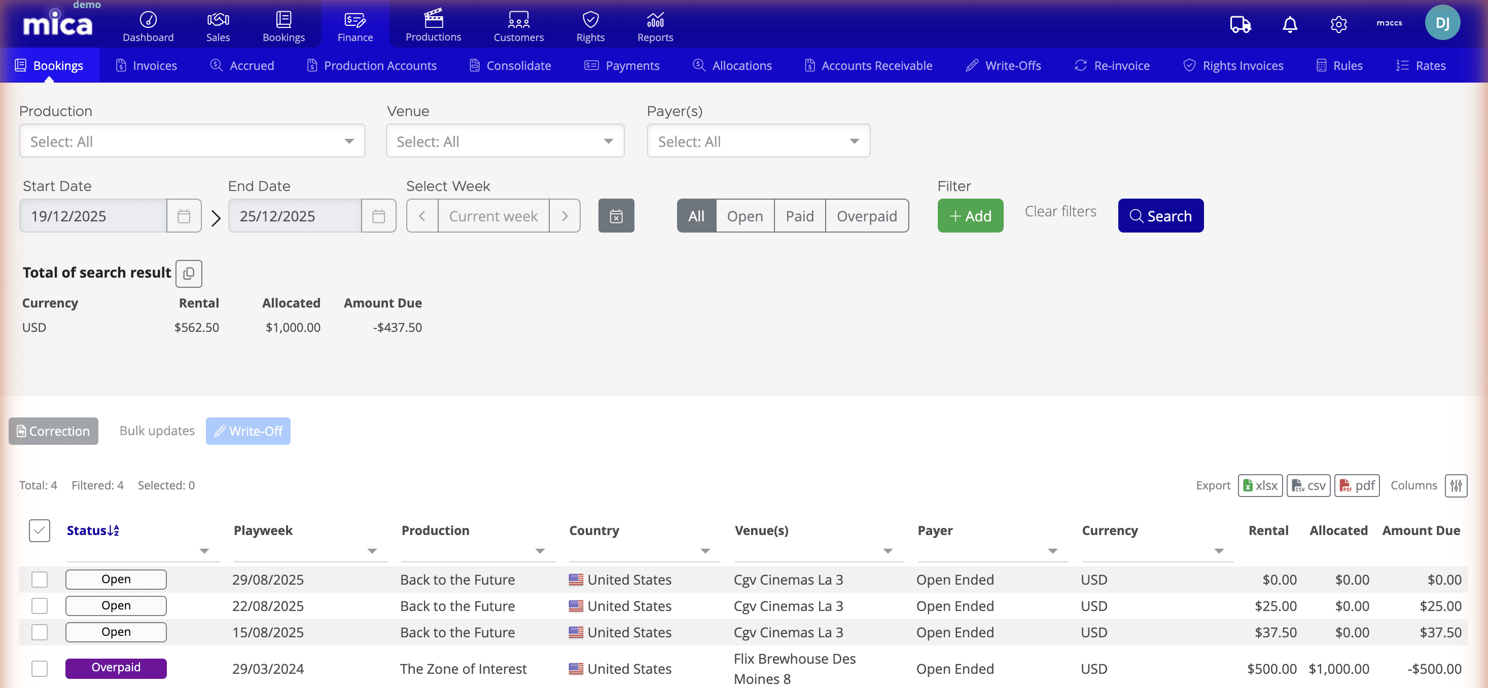 Finance Bookings page showing playweek list with Status, Production, Venue, Rental, Allocated, and Amount Due columns, plus Correction and Write-Off buttons