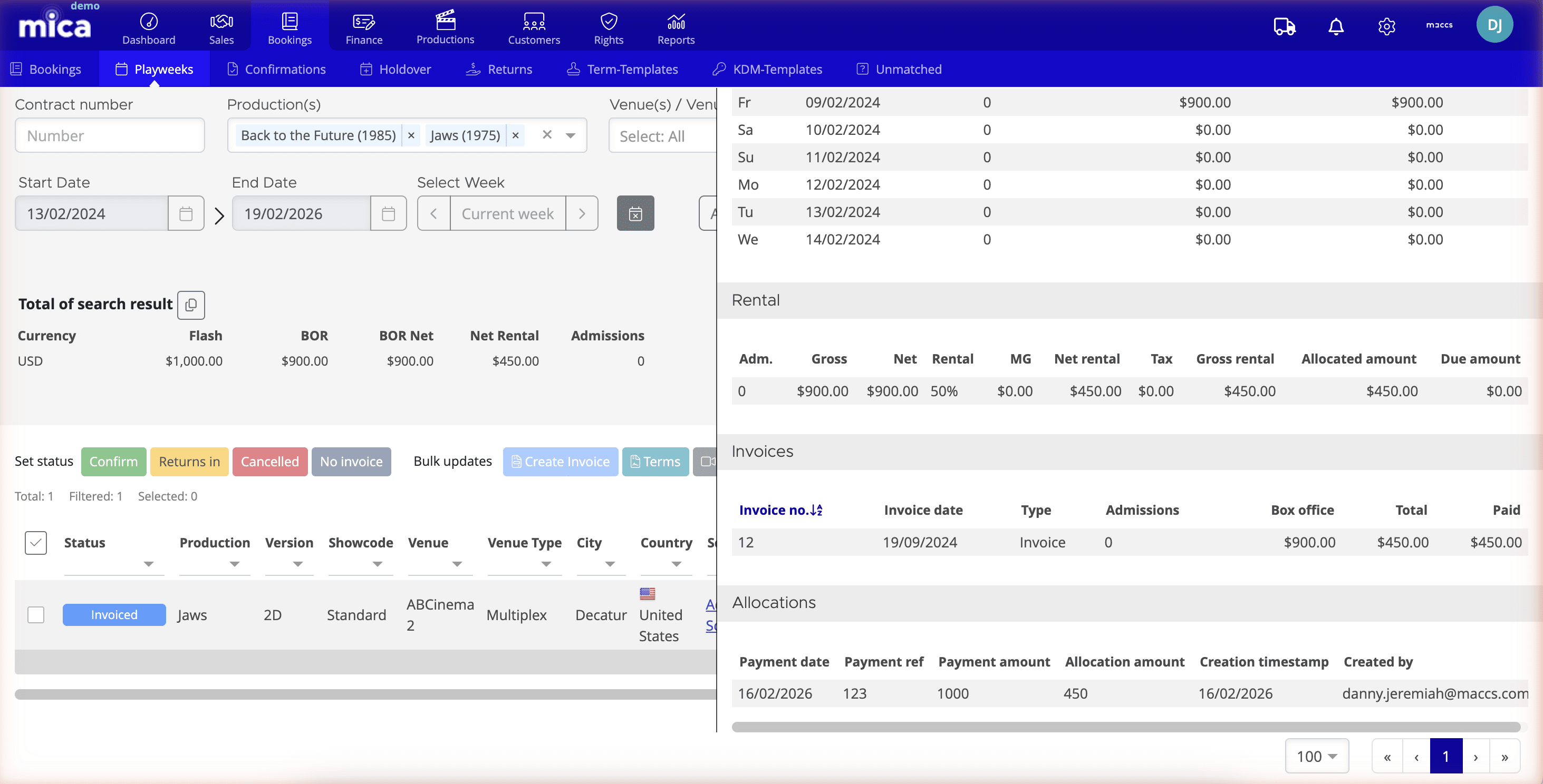 Off-canvas playweek detail panel showing Terms, Returns table, Rental summary, and Allocations section with payment references