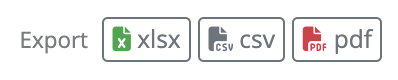 Export buttons showing xlsx, csv, and pdf options on a Mica data table