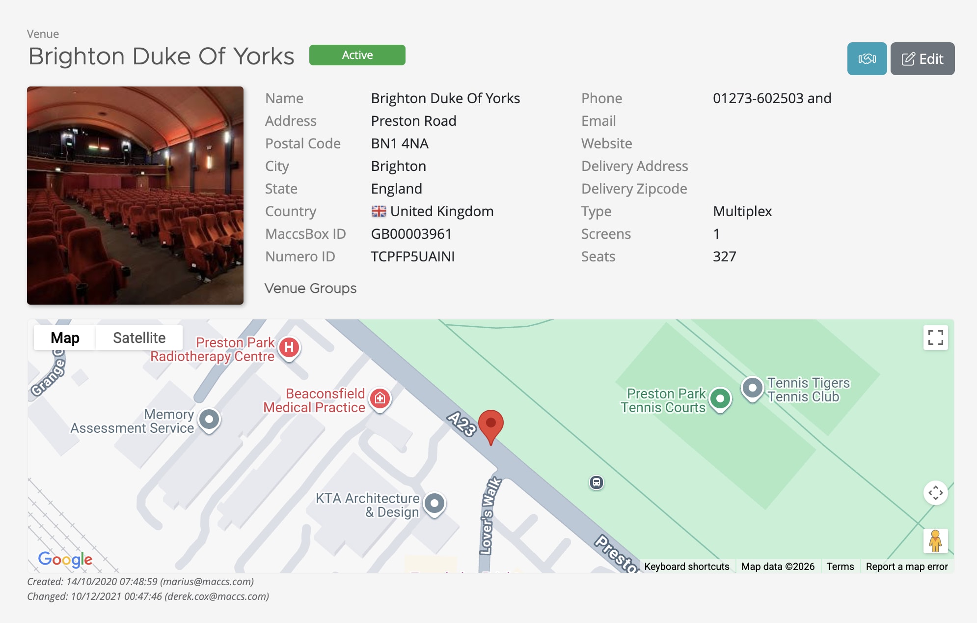 Venue detail page showing venue name, address, map, screen count, and Edit and Week Terms buttons