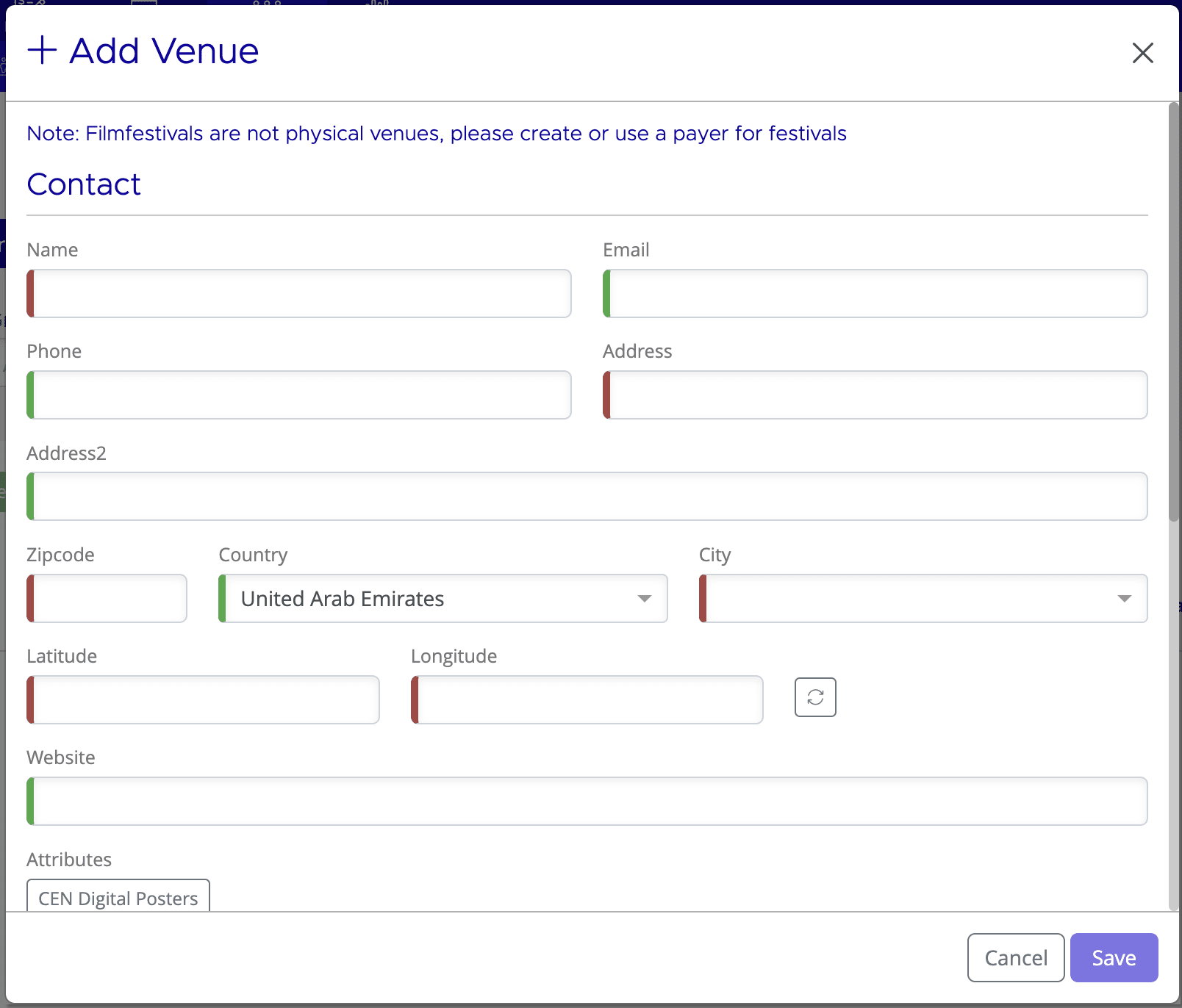 Add Venue dialog showing fields for name, address, phone, email, website, type, MaccsBox codes, and delivery address