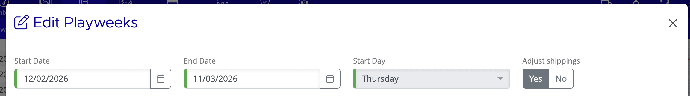 Edit Playweeks dialog on the Booking Details page showing Start Date, End Date, Start Day, and the Adjust Shippings toggle set to Yes