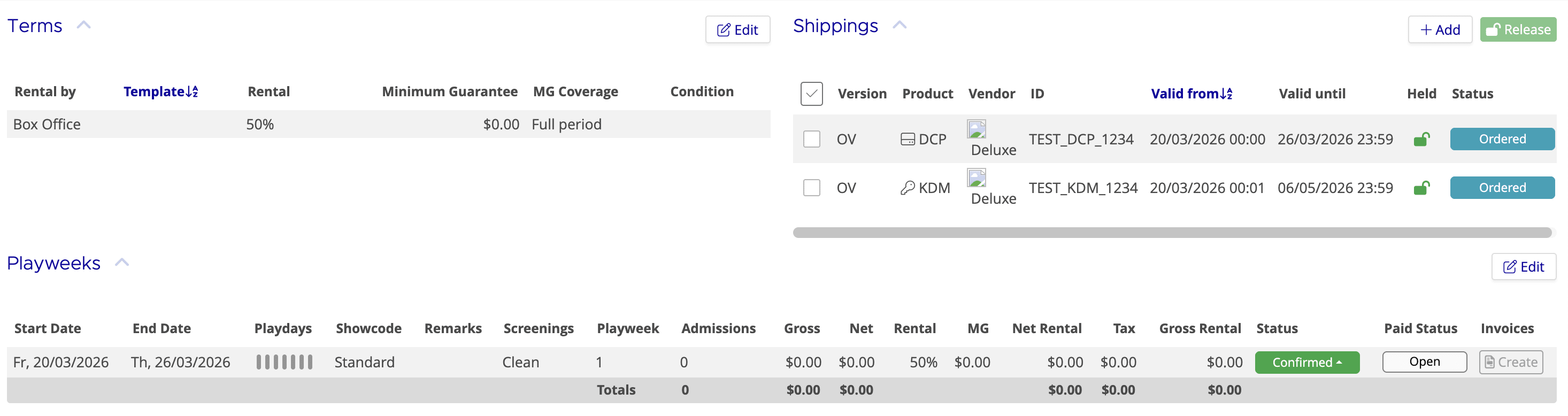 Booking Details showing one playweek with a single DCP and KDM shipping order