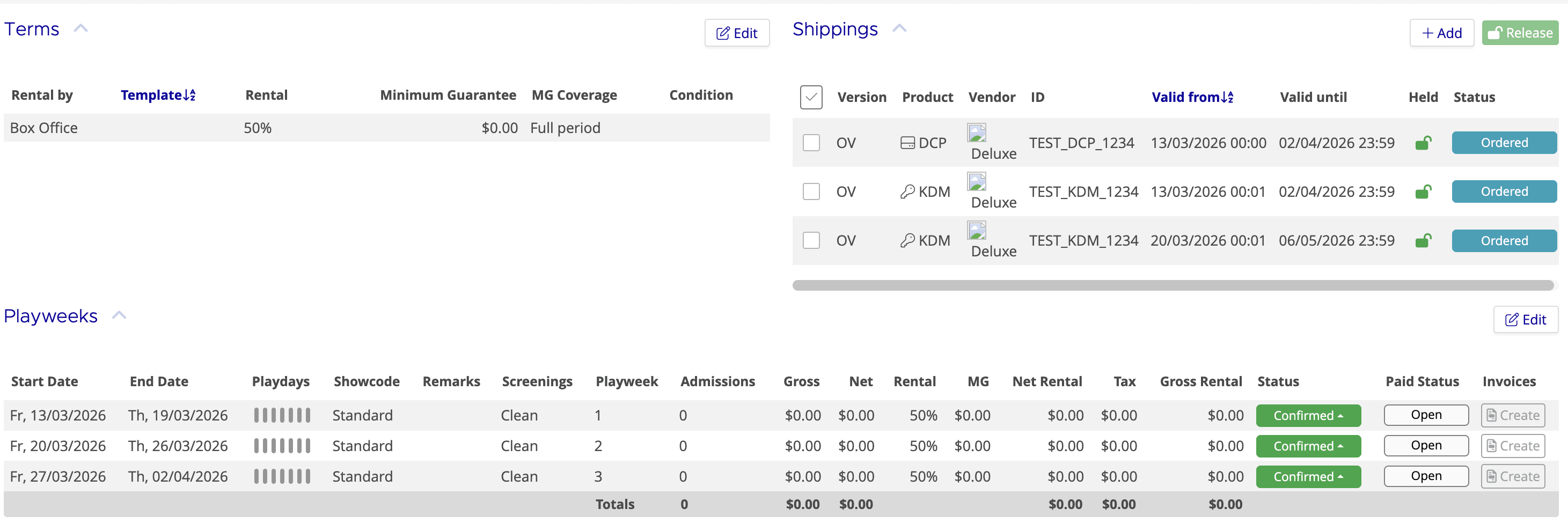 Booking Details after extending to three playweeks, showing the updated DCP delivery date and a second KDM order covering the new period