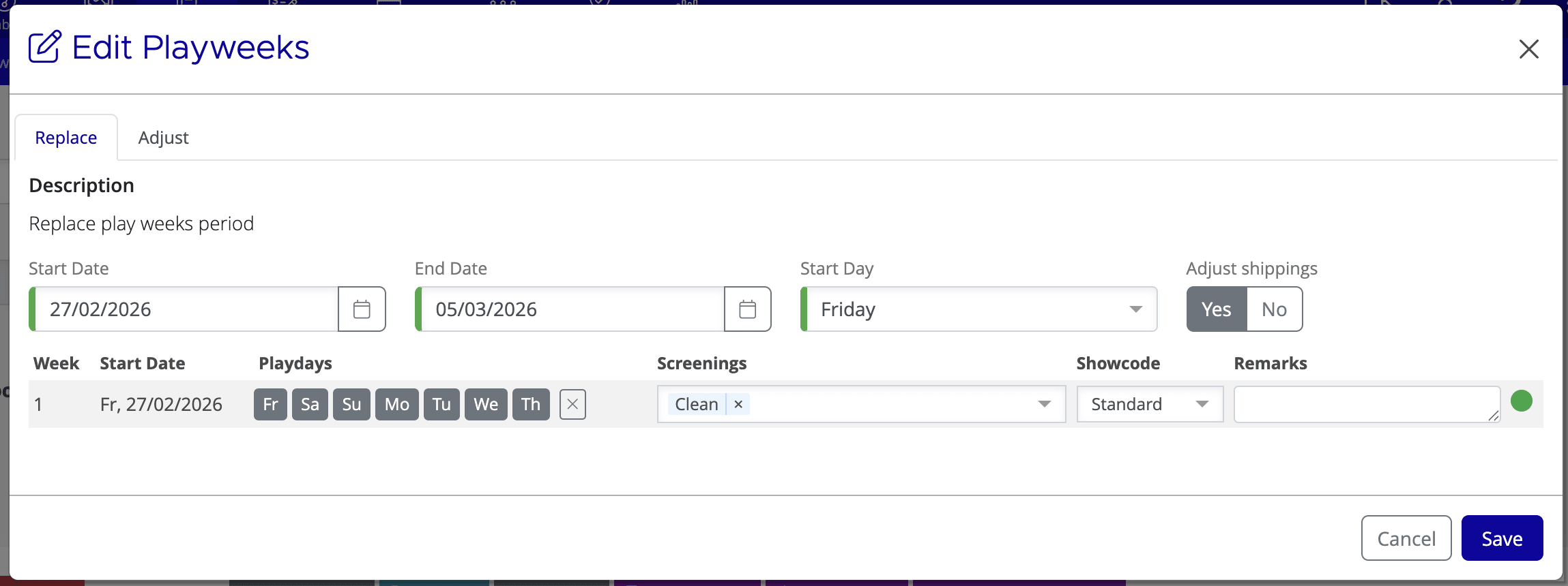 Bulk Replace dialog on the Replace tab showing date fields, Start Day, Adjust Shippings toggle, and playweek details