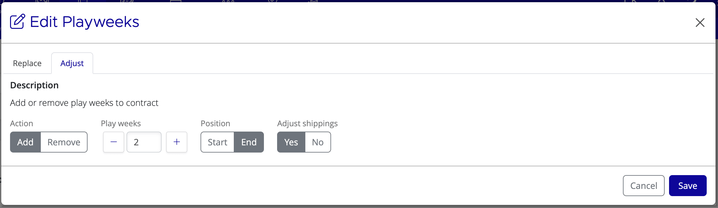 Bulk Adjust dialog on the Adjust tab showing Add or Remove action, Play weeks count, Position, and Adjust Shippings toggle