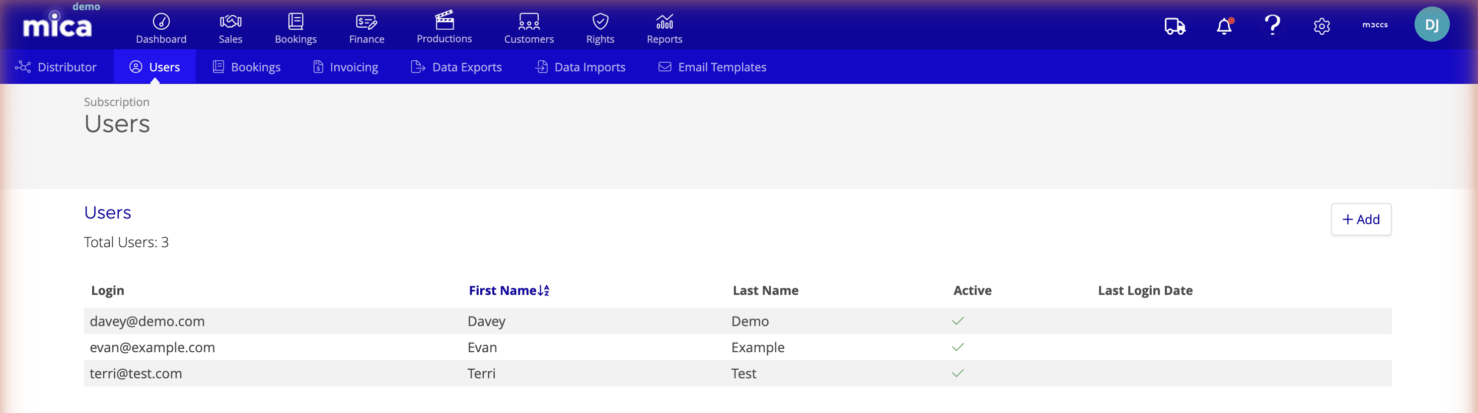 Users list page showing the users table with Login, First Name, Last Name, Active, and Last Login Date columns