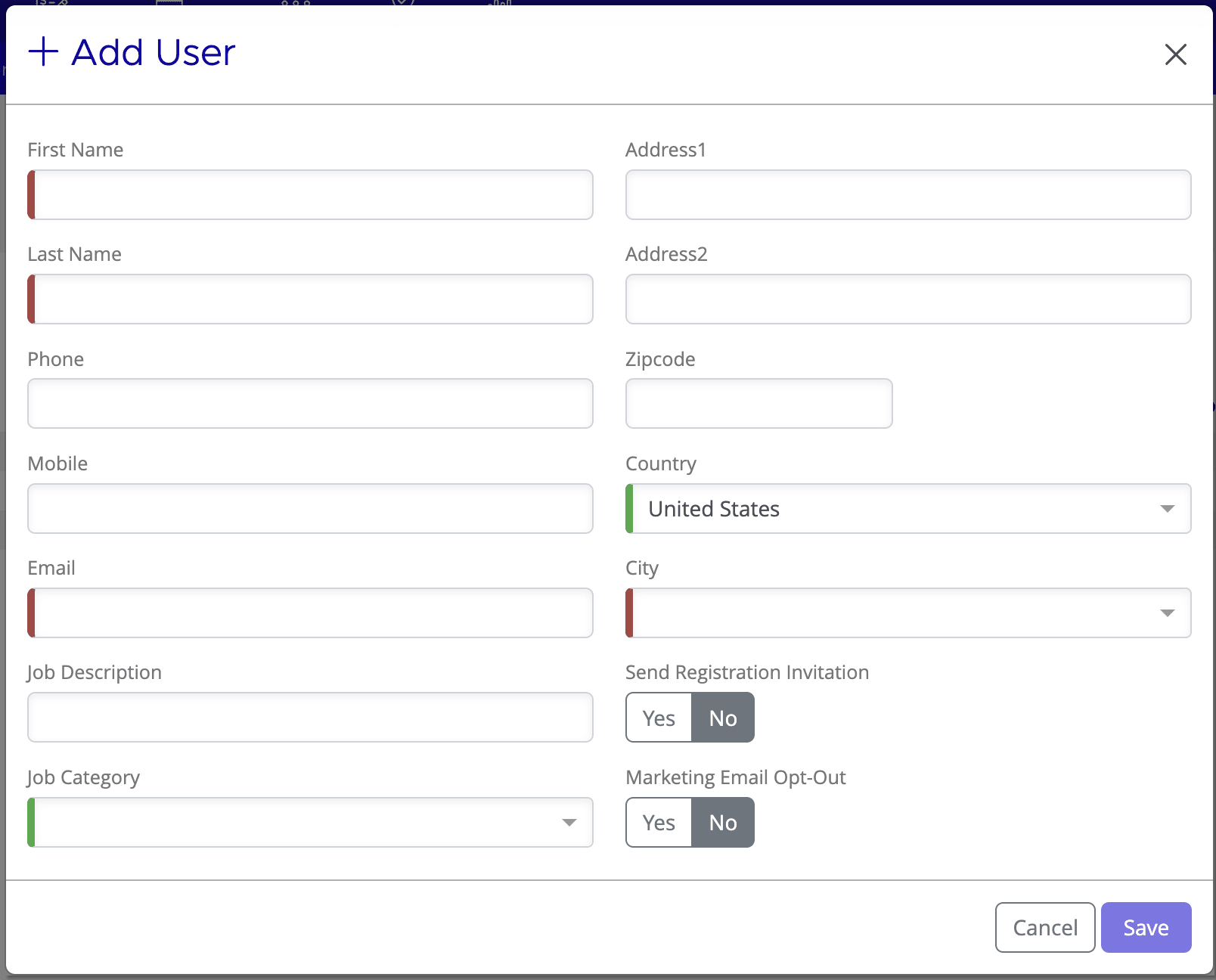 Add User dialog showing fields for name, contact details, job category, address, and registration options