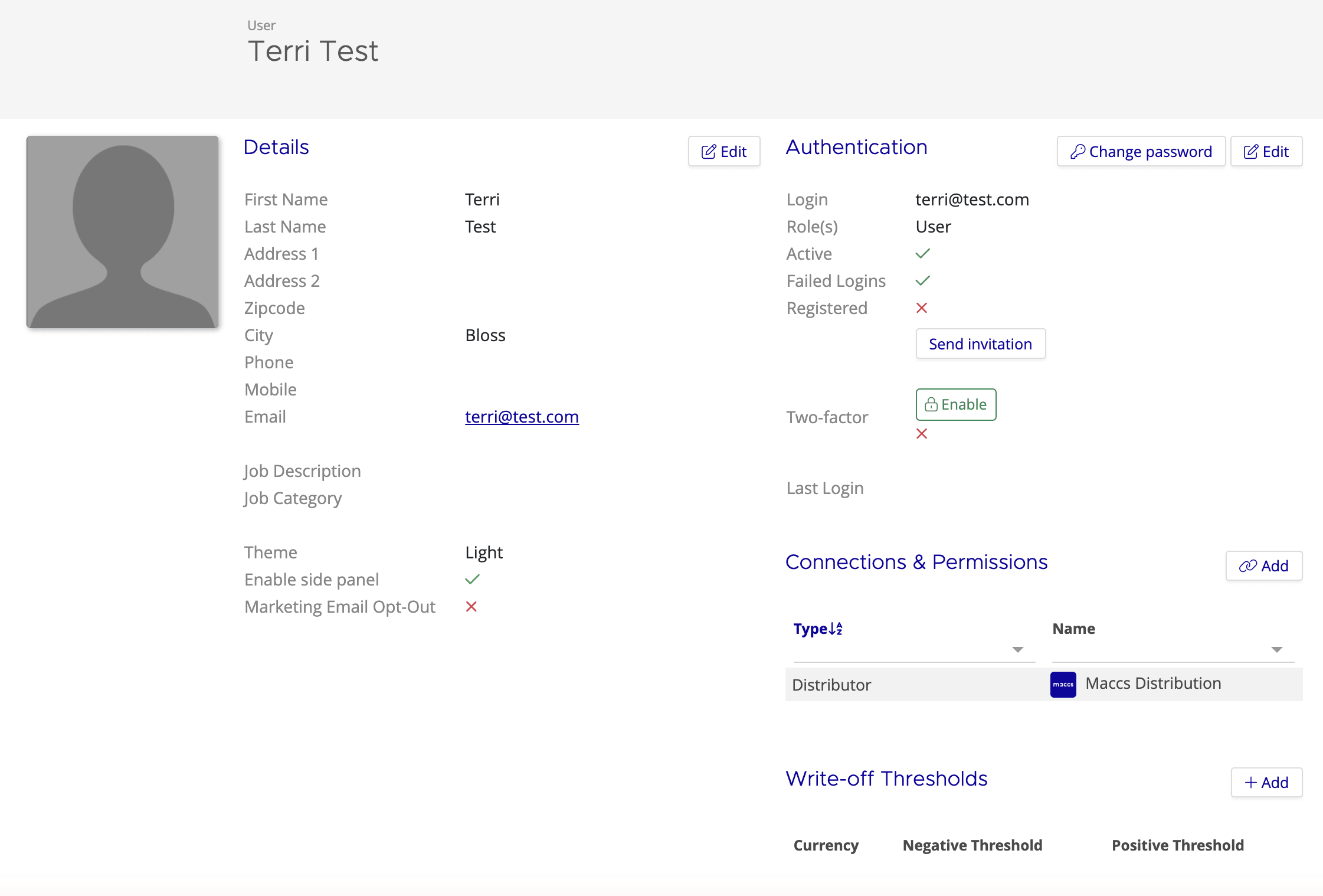 User detail page showing the Details section with personal information, contact details, and Edit button