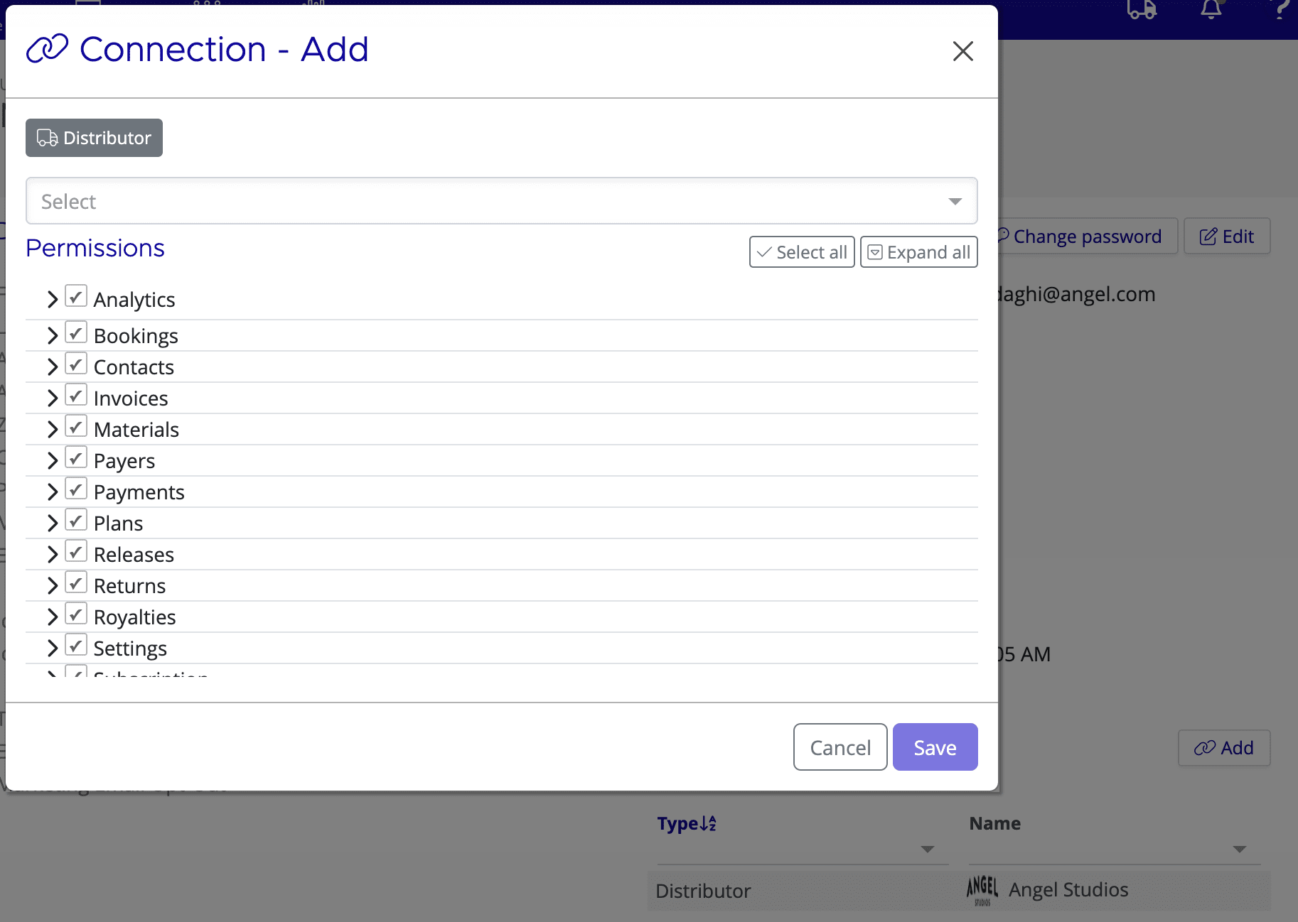 Connections and Permissions section showing a Distributor connection and the Add button