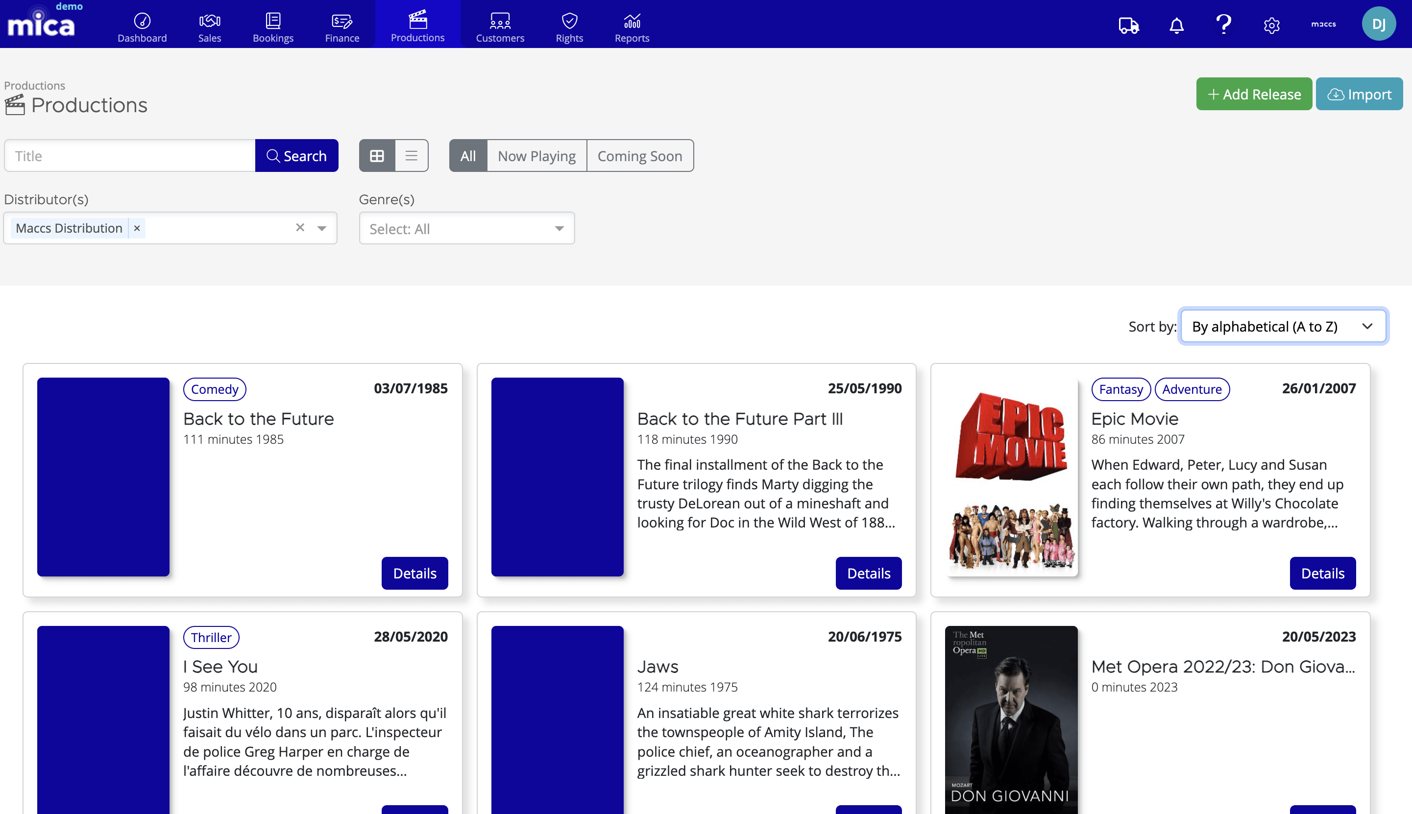 Productions browse page showing the list of productions with search and filter options