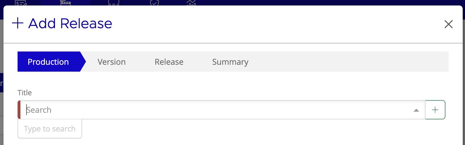 Add Production dialog with Title, Releasedate, Runtime, and Genre fields