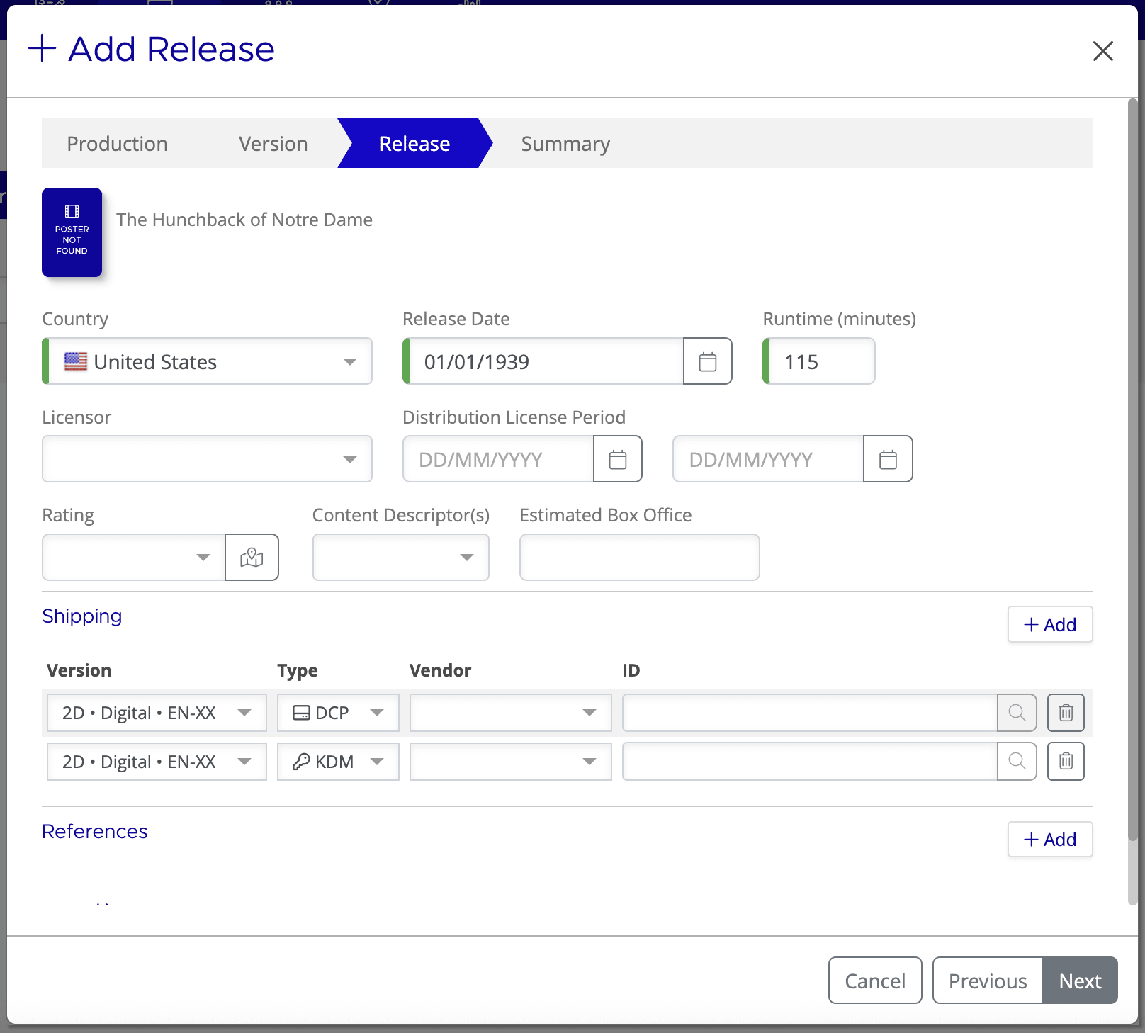 Add Release wizard on the Release step showing Country, Release Date, Licensor, Rating, Shipping, and References fields