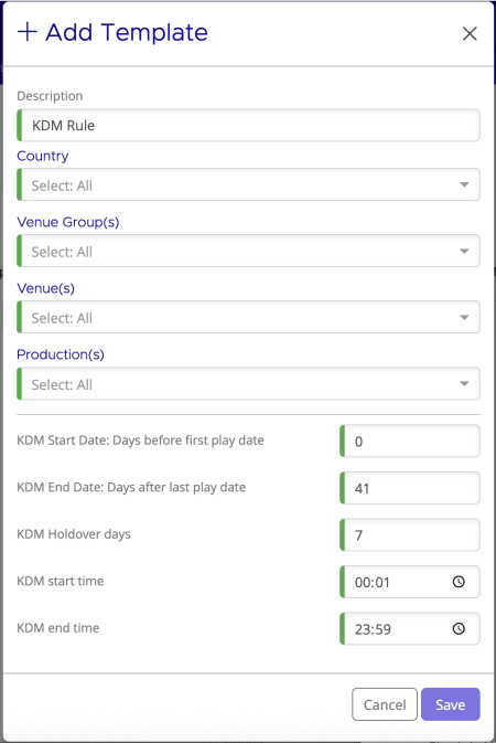 Add Template dialog showing Description, targeting fields for Country, Venue Groups, Venues, and Productions, and KDM parameter fields for Start Date, End Date, Holdover Days, Start Time, and End Time