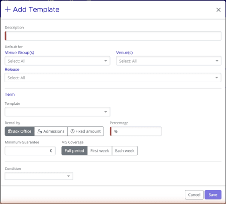 Add Template dialog showing Description field, Default for targeting with Venue Groups, Venues, and Release, and Term structure with Rental by, Percentage, Minimum Guarantee, MG Coverage, Condition, and Rental type