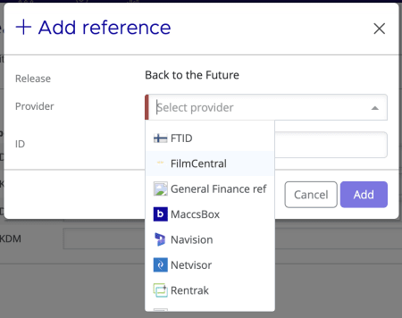 Add reference dialog showing Release name (read-only), Provider dropdown, and ID field