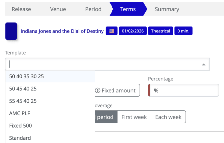Terms step of the Add Booking wizard showing the Template dropdown, Rental by options, Percentage field, Minimum Guarantee, Coverage options, and Condition selector