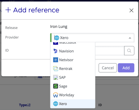 Add reference dialog with Xero selected as the Provider and the ID field ready for a tracking category name