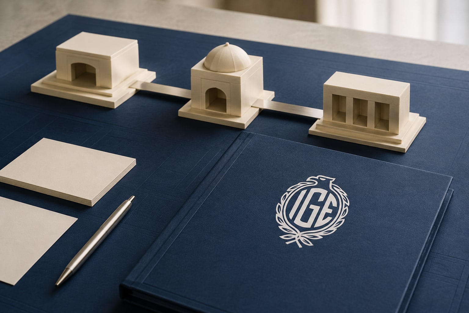 Ilustración conceptual: módulos conectados y una carpeta con el sello IGE representan la coordinación de un proyecto.