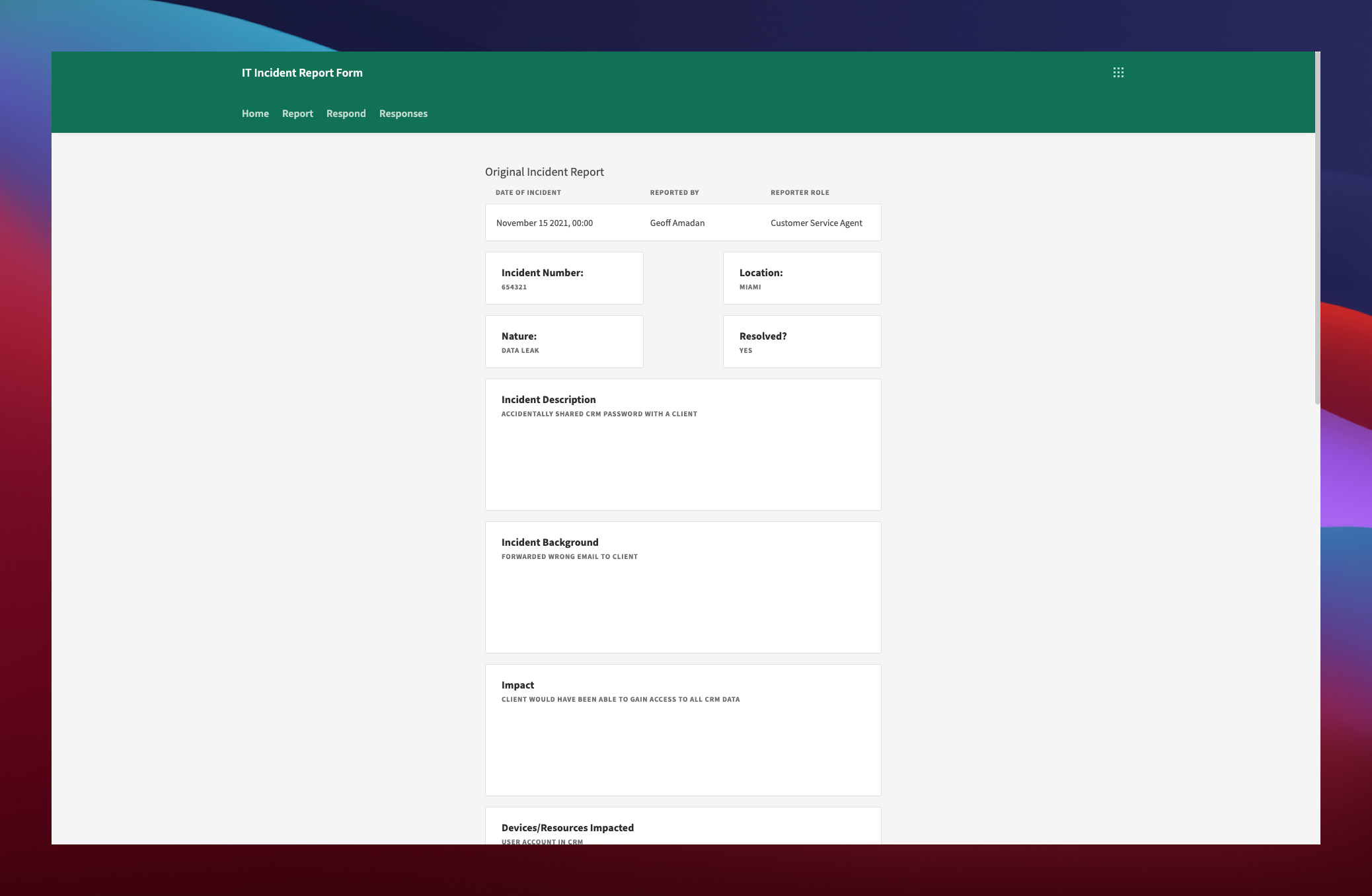 IT Incident Report Detail screen