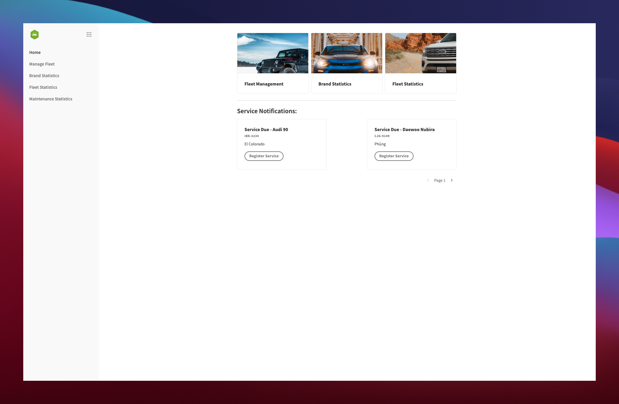 Car Rental Admin Panel Home Screen