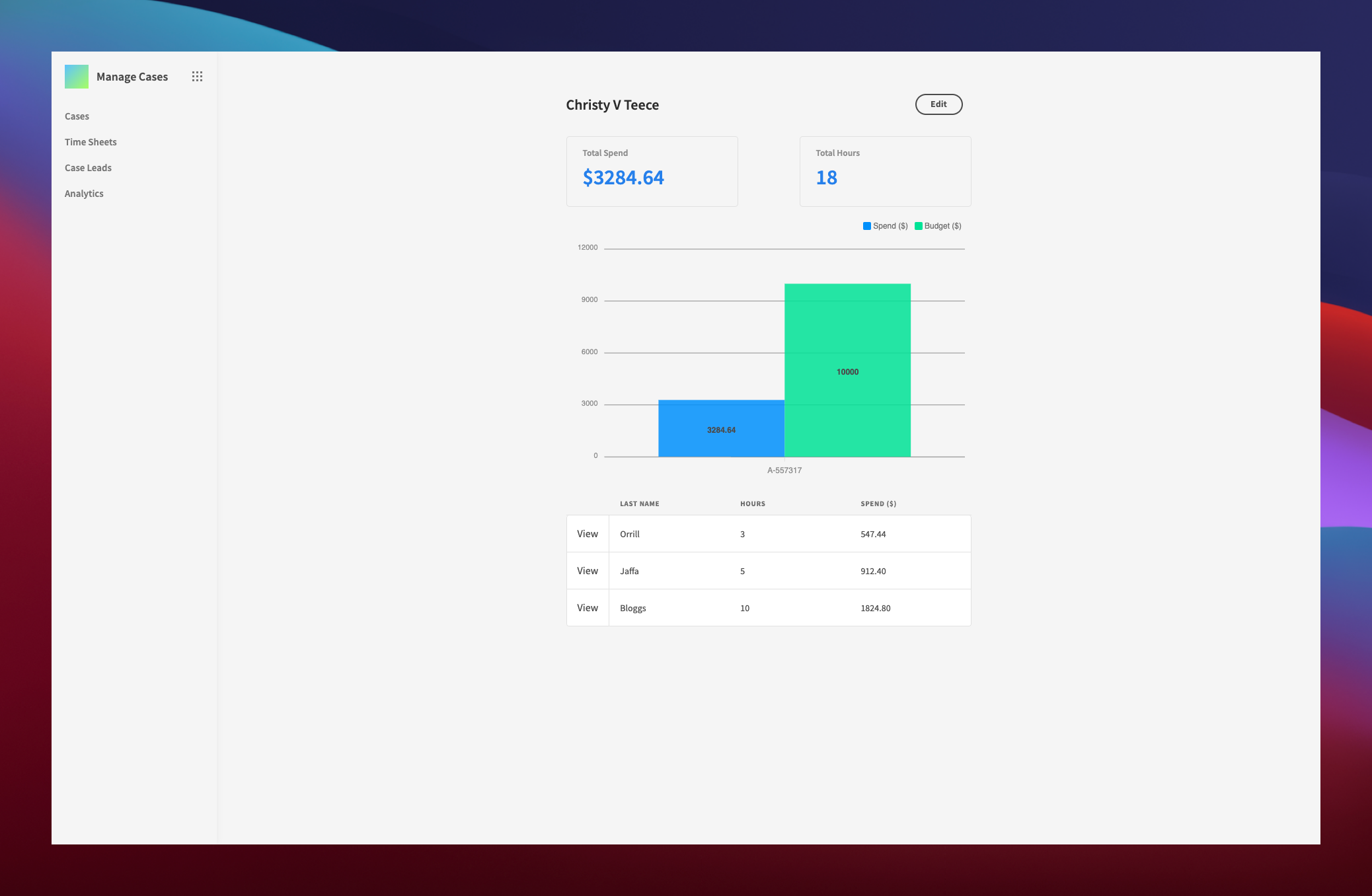 Legal Case management template spend calculations