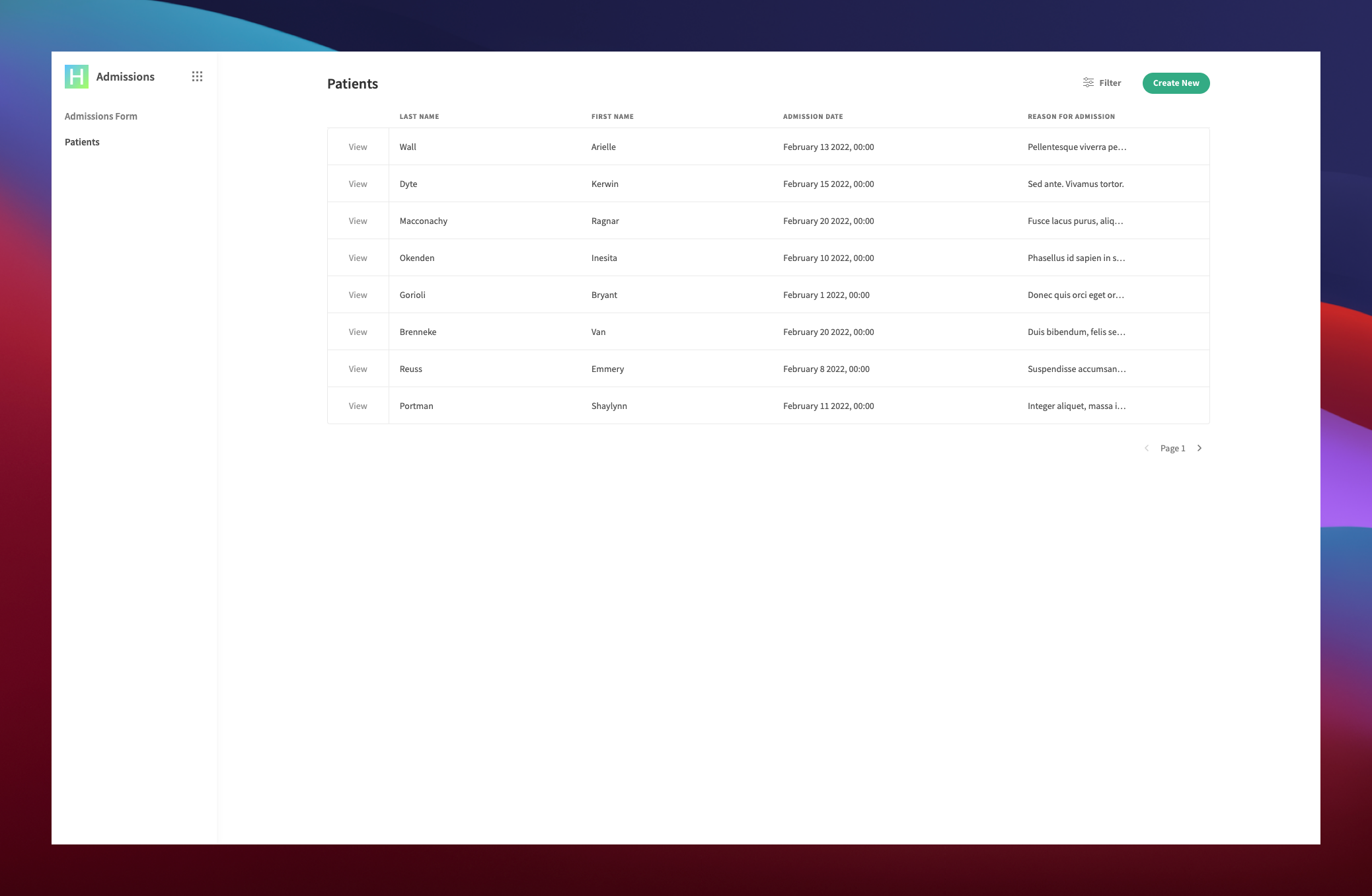 Hospital Admission Form Template, Budibase